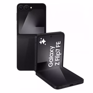 Ofertas samsung galaxy de la serie flip7 fe mostrando su pantalla flexible desplegada en color lavanda