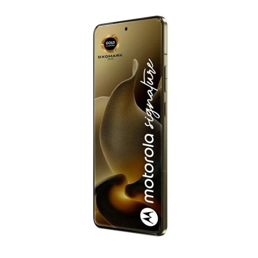 Motorola Signature libre color negro, vista lateral con perfil ultradelgado de 6.9 mm y botones integrados.