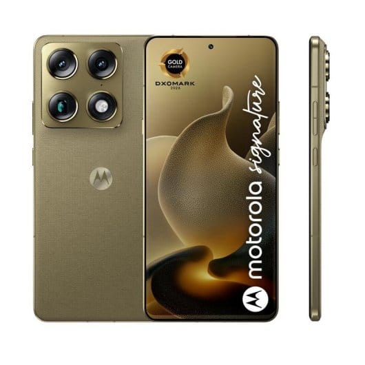 Motorola Signature reacondicionado negro, plano trasero mostrando el módulo de triple cámara de 50 MP